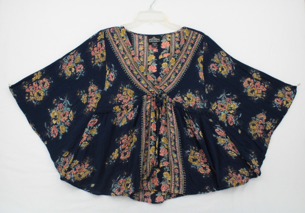 Angie Boho Floral Print V-Neck Kimono Batwing Sleeve Tie Front Blouse Top Medium
